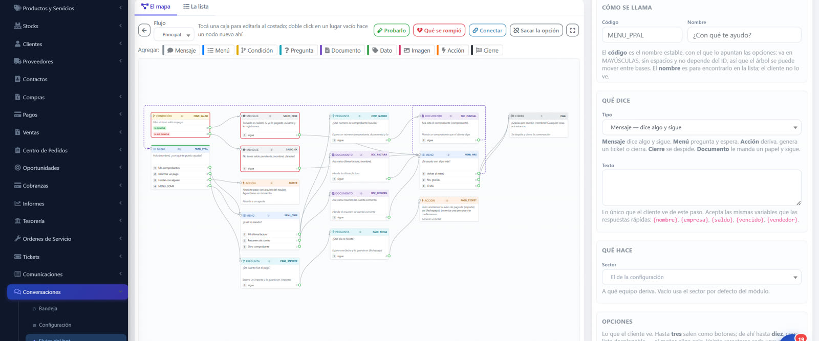 El diseñador del bot: El árbol de conversación se arma arrastrando cajas